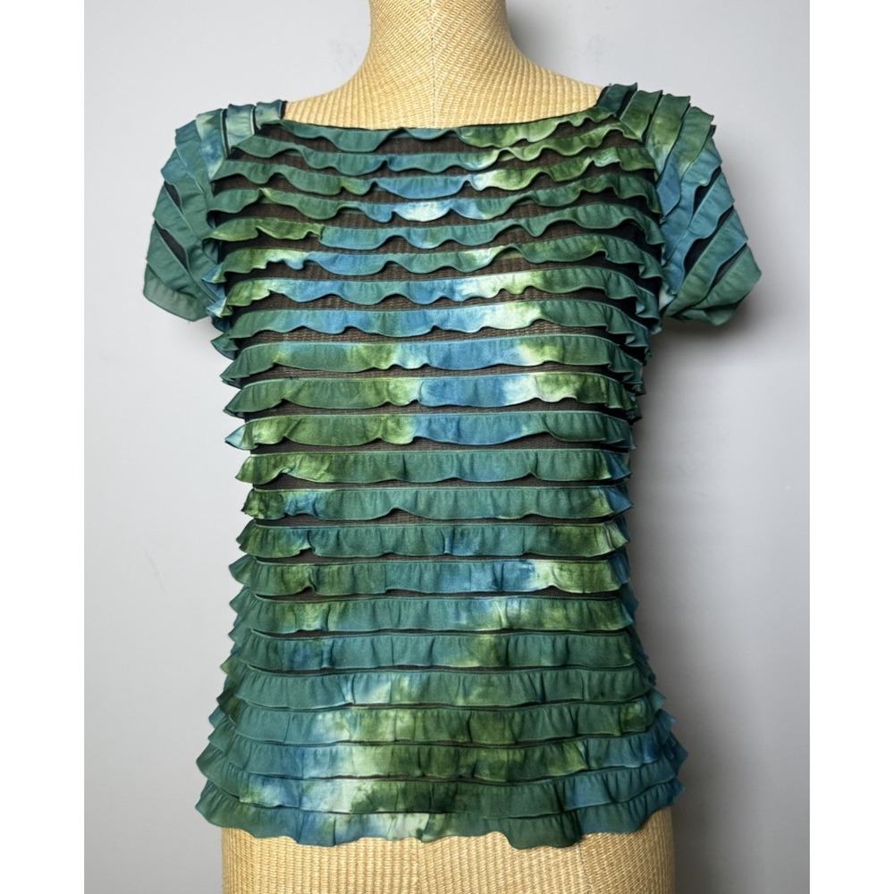 Y2K New Directions Tiered Ruffle Mesh‎ Top Green Blue Tie Dye Boho Fairycore MED